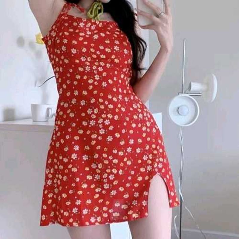 Red Floral Mini Dress with Slit
