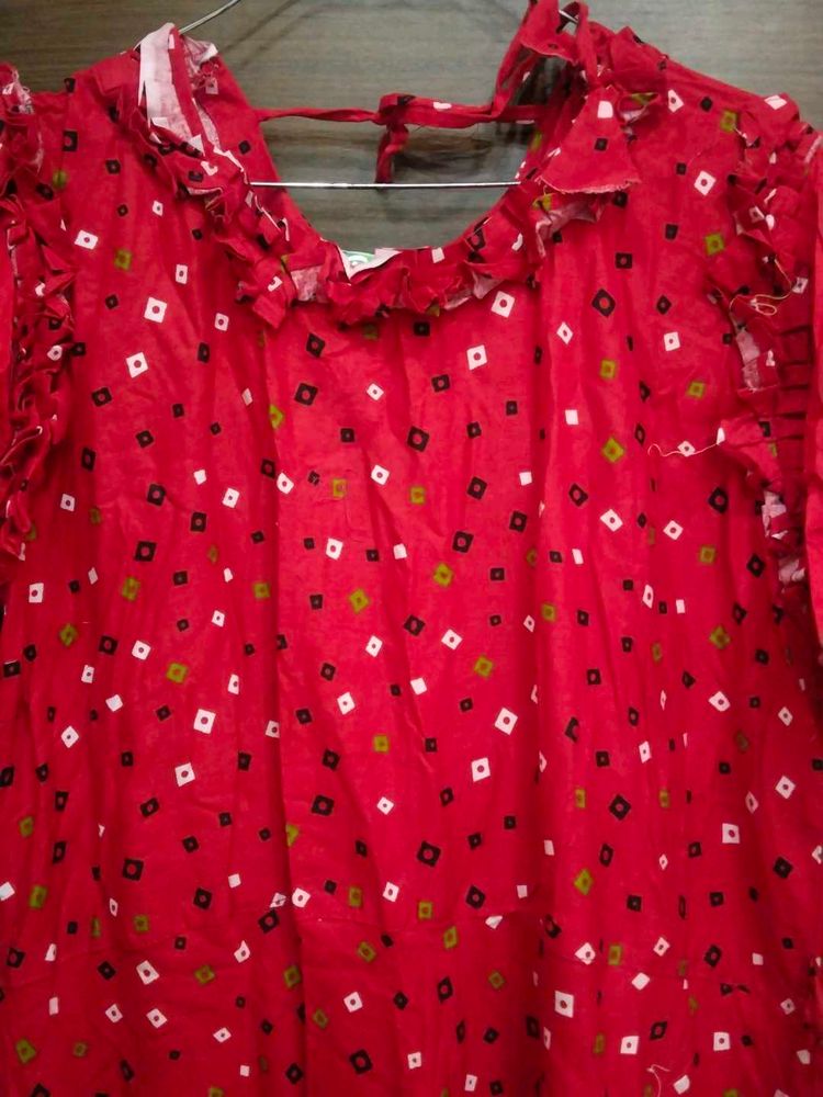 Red Printed Kurta with Ruffle Neck