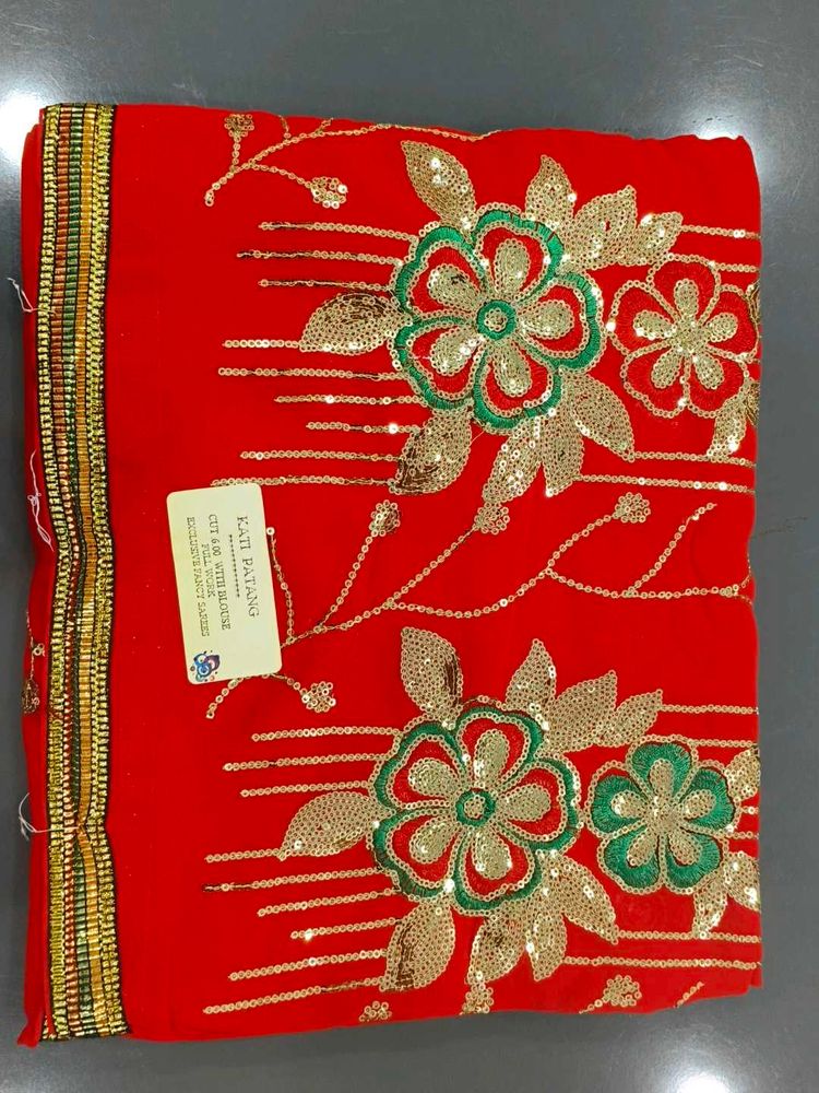 Red Saree with Sequins &amp; Floral Embroidery
