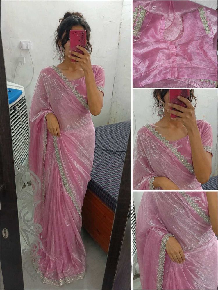 Elegant Pink Shimmer Saree with Silver Border |