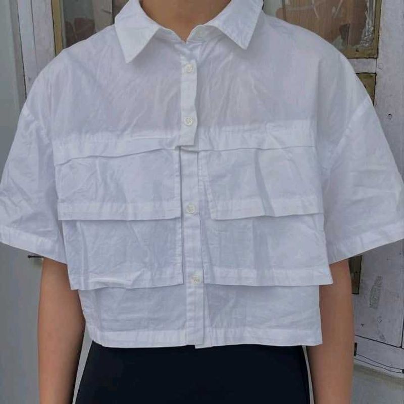 White Cropped Button-Up Shirt with Pockets