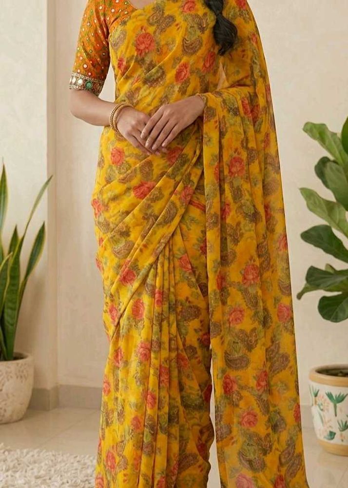 Vibrant Yellow Floral Print Saree