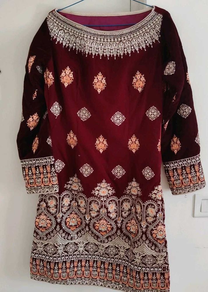Embroidered Maroon Velvet Kurta