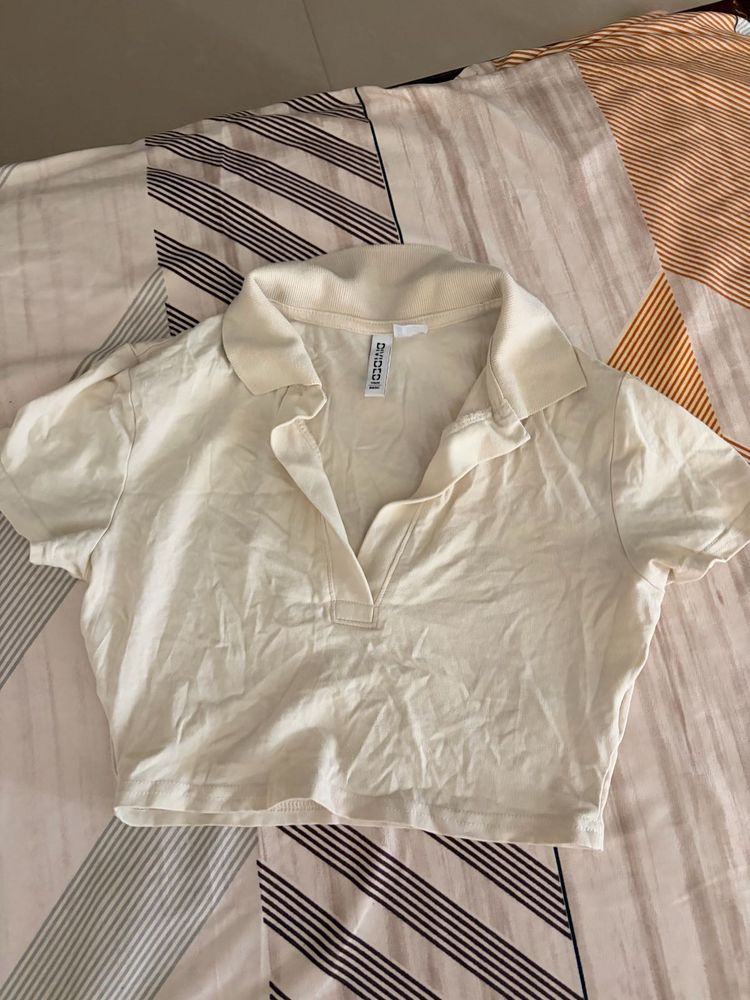Cream Collared Crop Top
