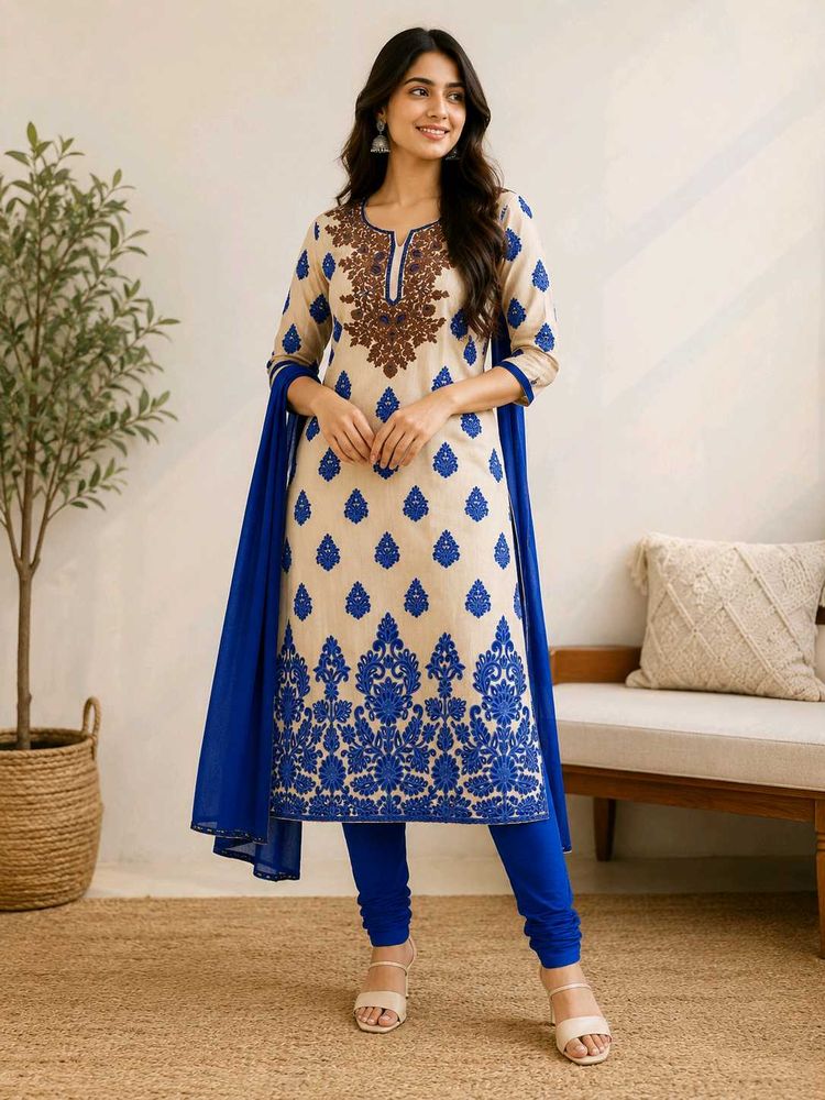 Beige &amp; Royal Blue Embroidered Raw Silk Kurti Set
