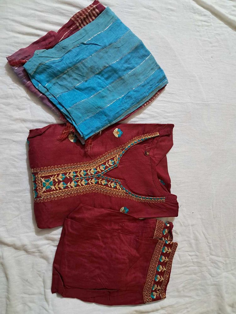 Embroidered Maroon Kurta Set