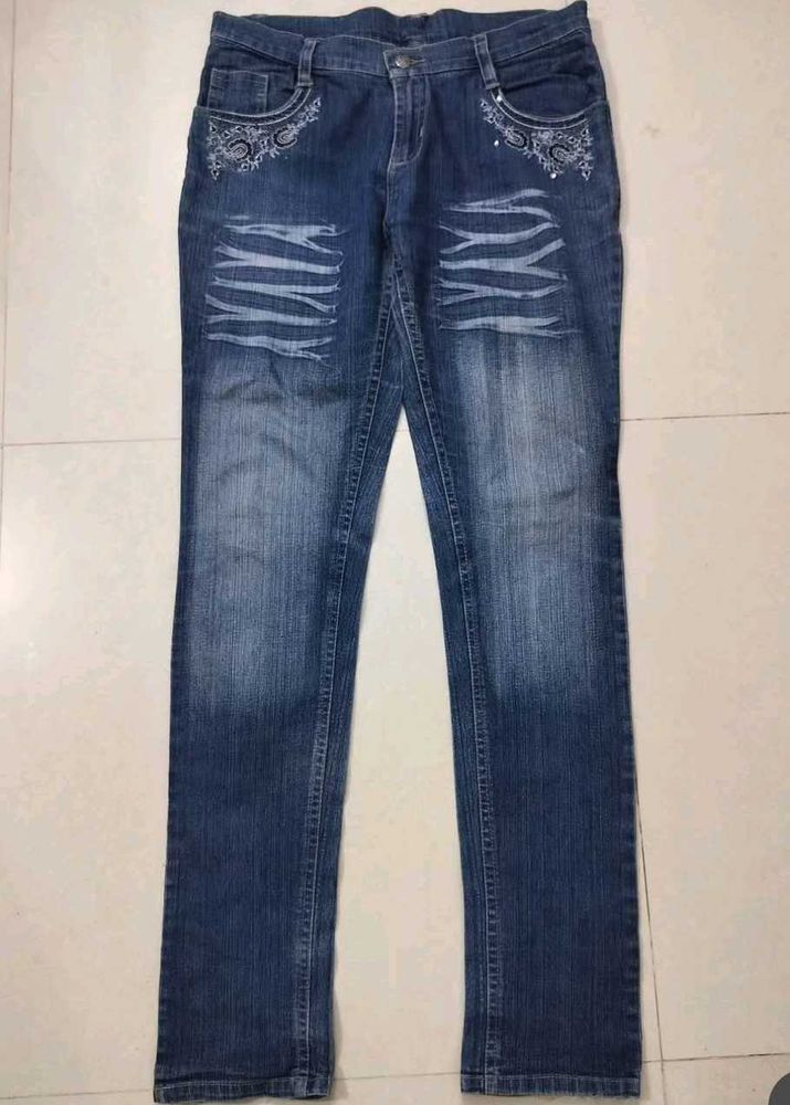 Embroidered Blue Denim Jeans