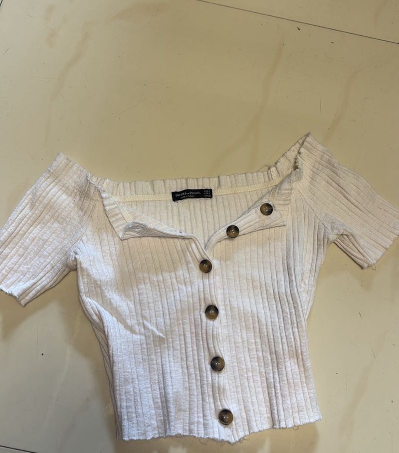 Bershka ripped off-shoulder buttonup croptop