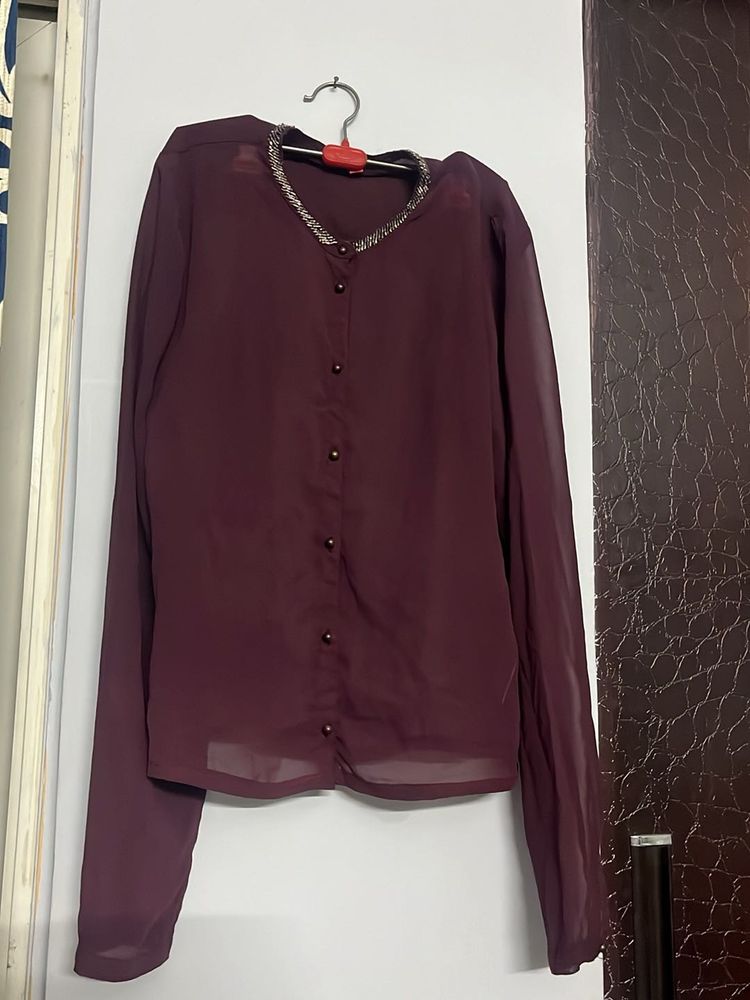 Burgundy Sheer Button-Down Top