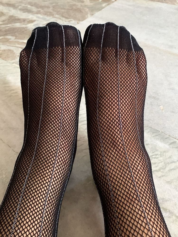 Sheer Black Fishnet Stockings with Stripes