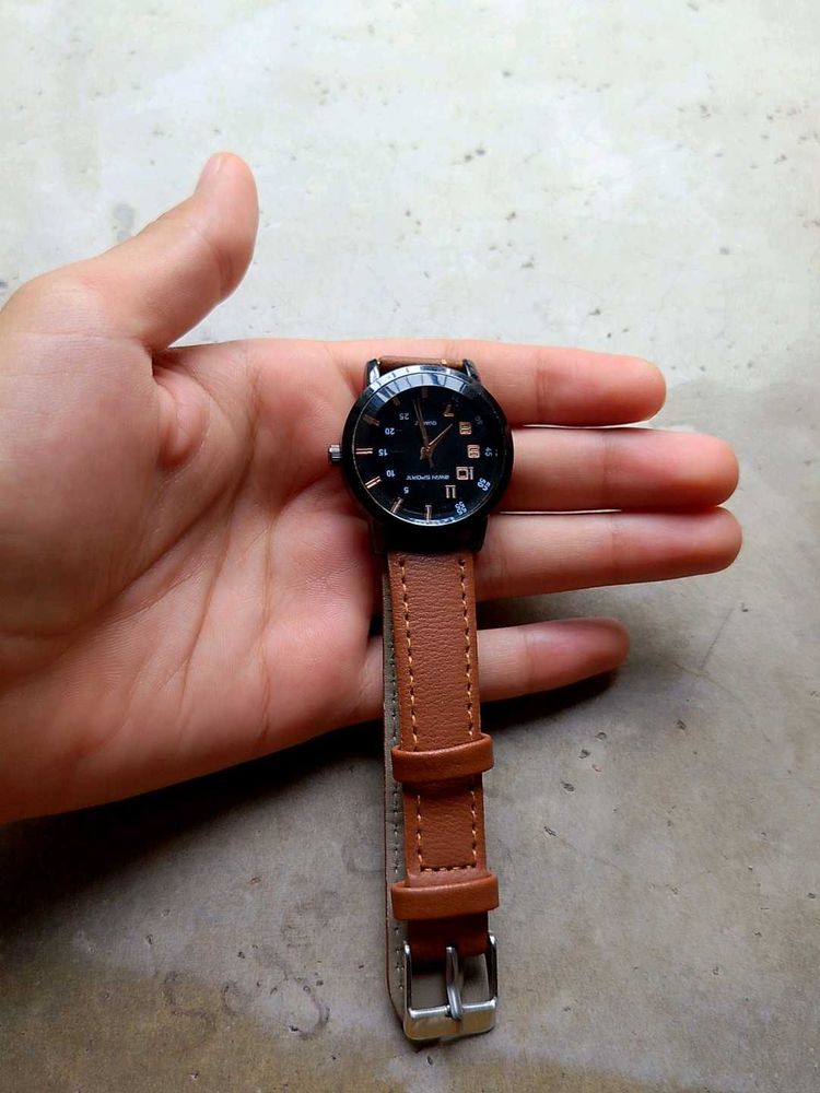 Classic Black Dial Watch with Brown Strap