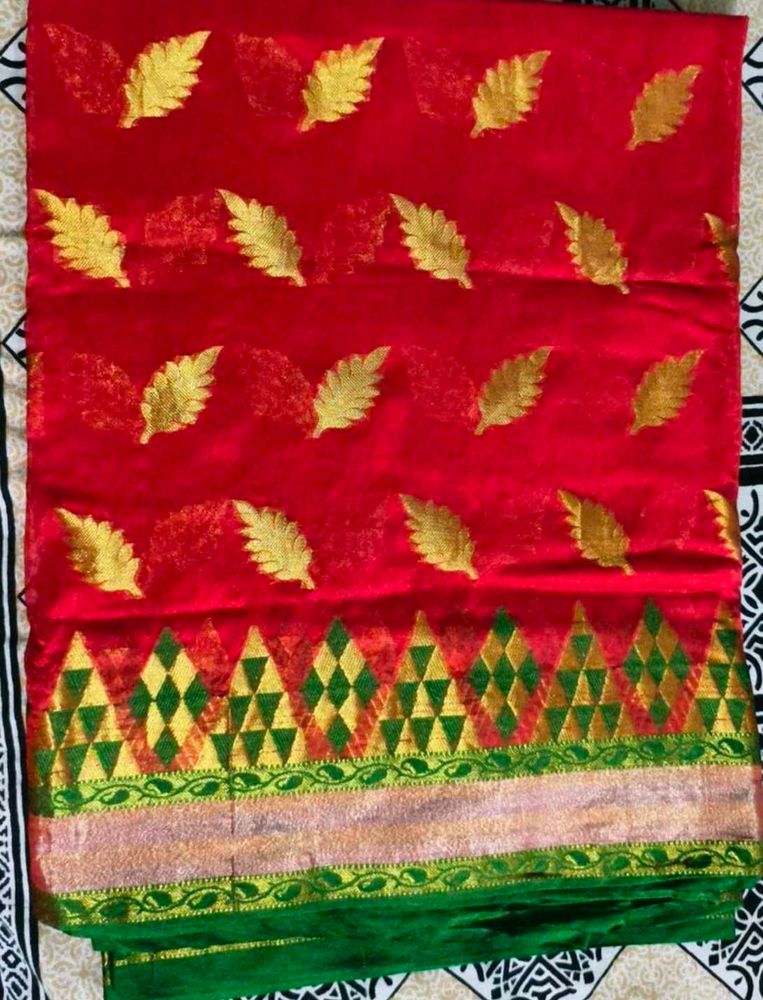 Red Saree with Golden Leaf Motif