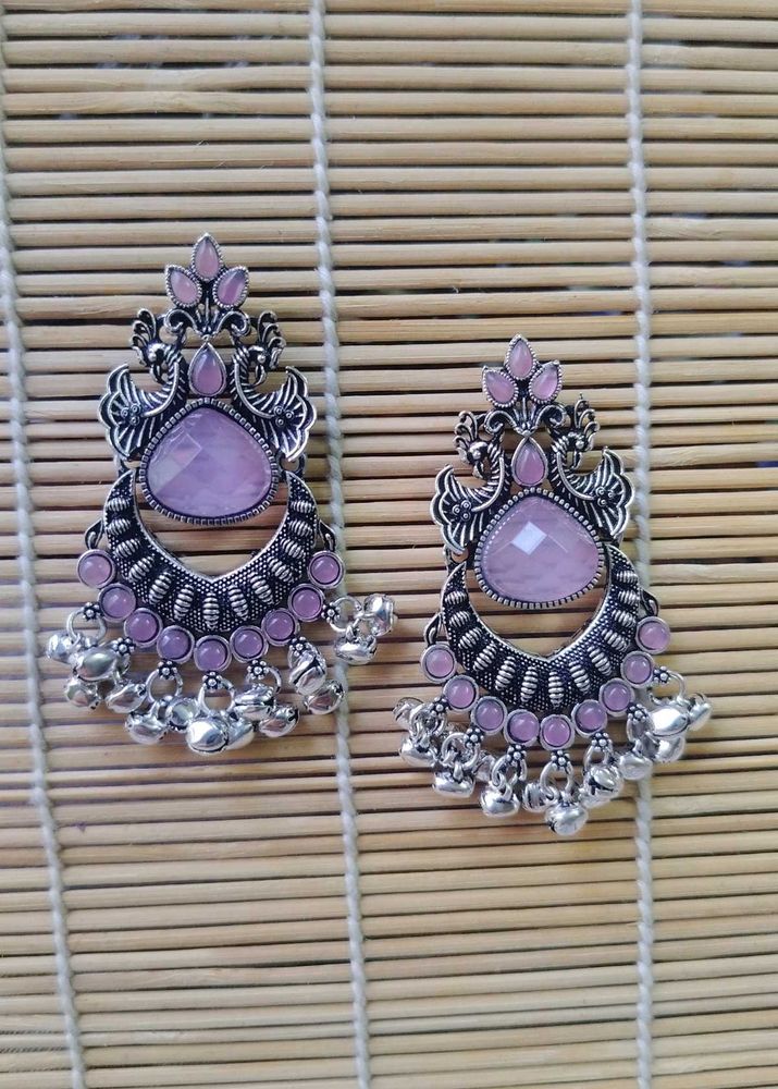 Oxidized Jhumka Earrings with Pink Stones