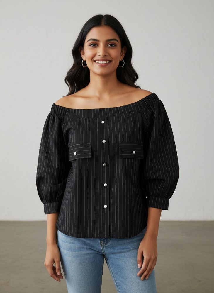 balloons sleeve Striped Off-Shoulder Top