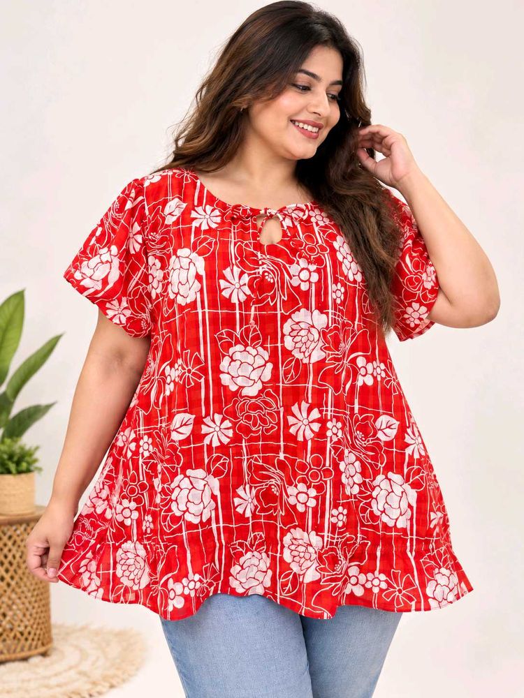 Chic Red Floral Print Top