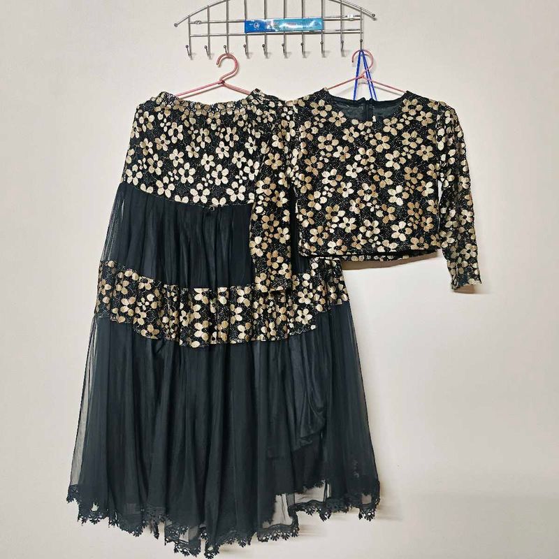 Black &amp; Gold Floral Lehenga Set