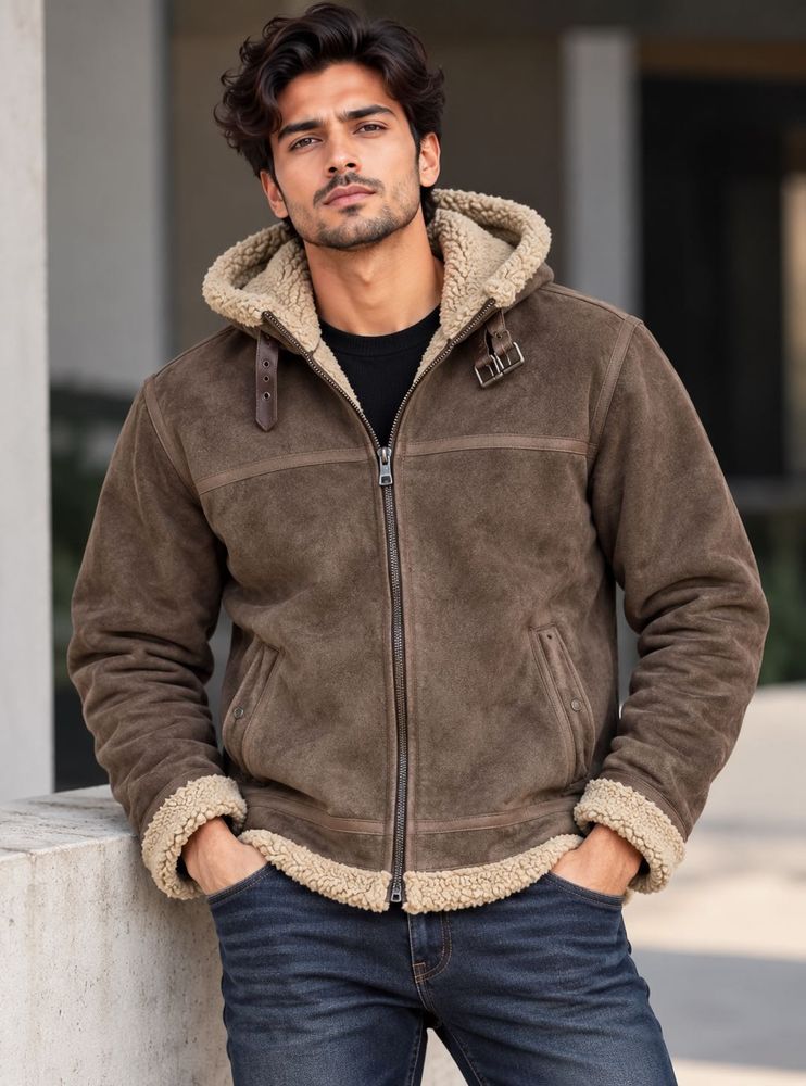 Men's Brown Faux Suede Sherpa Lined Jacket