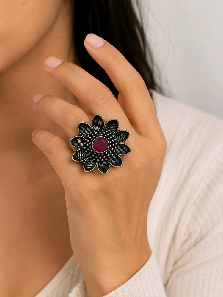 Stunning Oxidized Silver Flower Ring