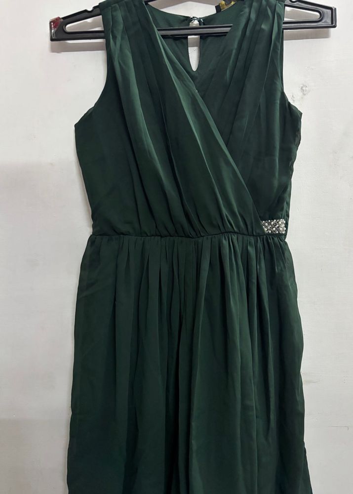Elegant Dark Green Embellished Wrap Dress