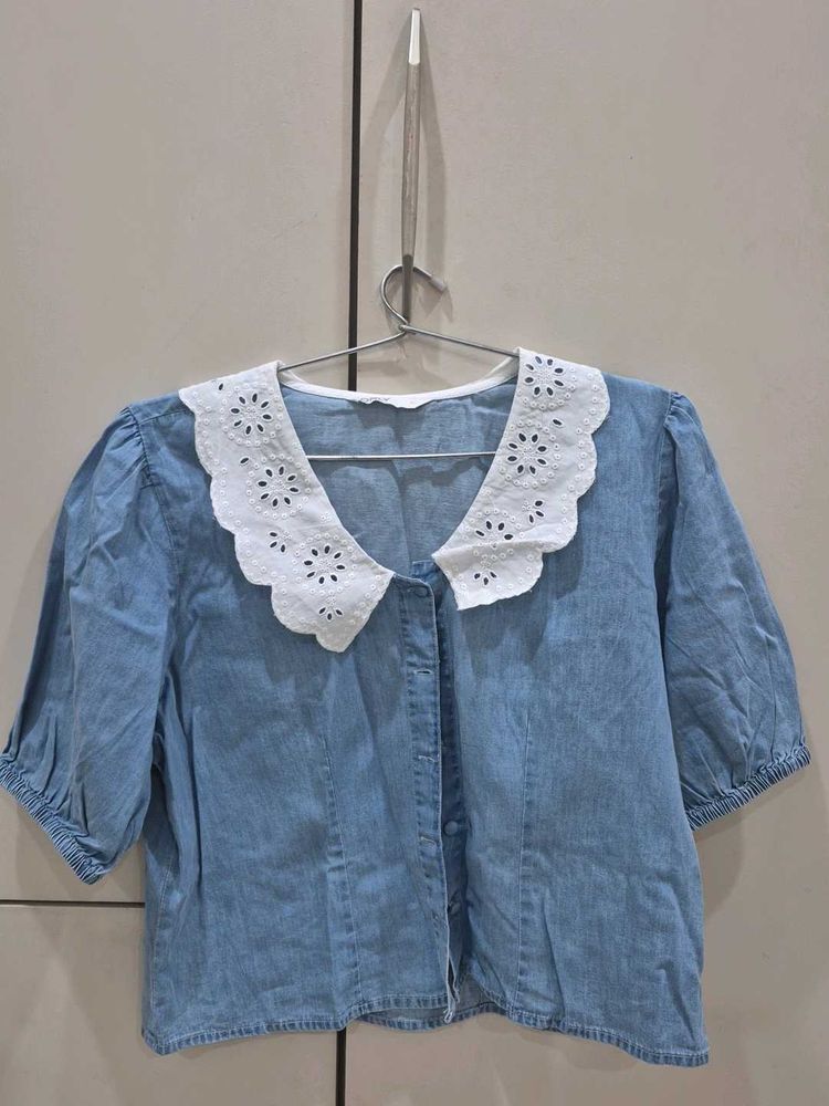 Blue Denim Top with White Lace Collar