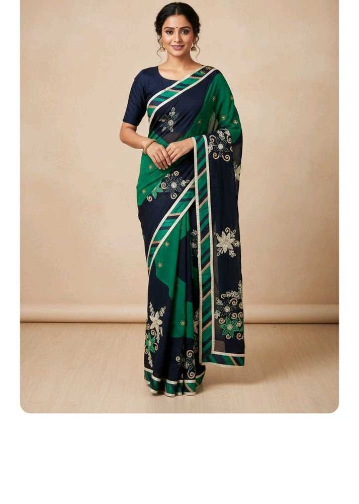 Beautiful Embellished Navy &amp; Green Saree