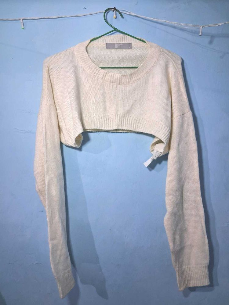 Cream Cropped Knit Sweater