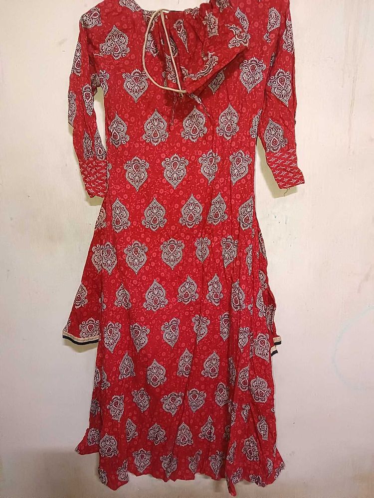 Red Printed Kurta with Drawstring Neck