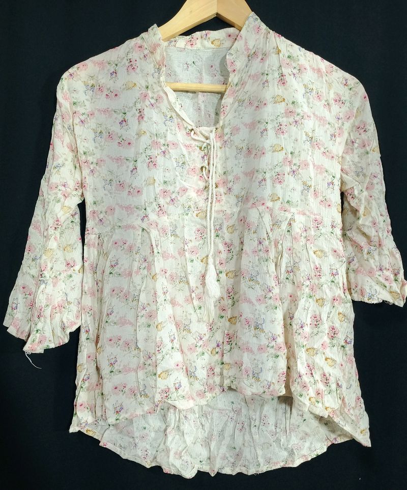 White Floral Printed Women's Top