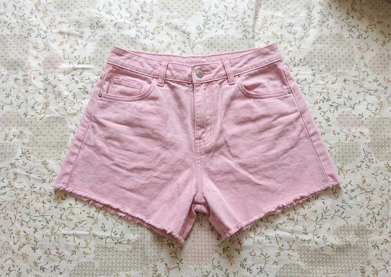 Pink Denim Frayed Shorts