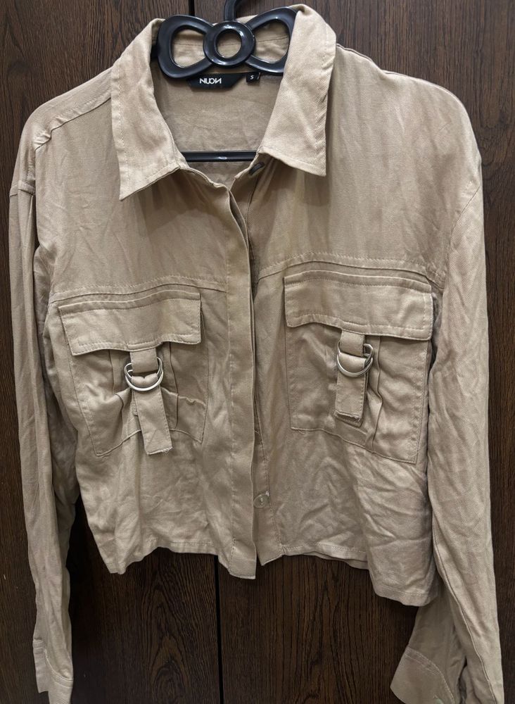 Stylish Taupe Utility Cropped Shirt