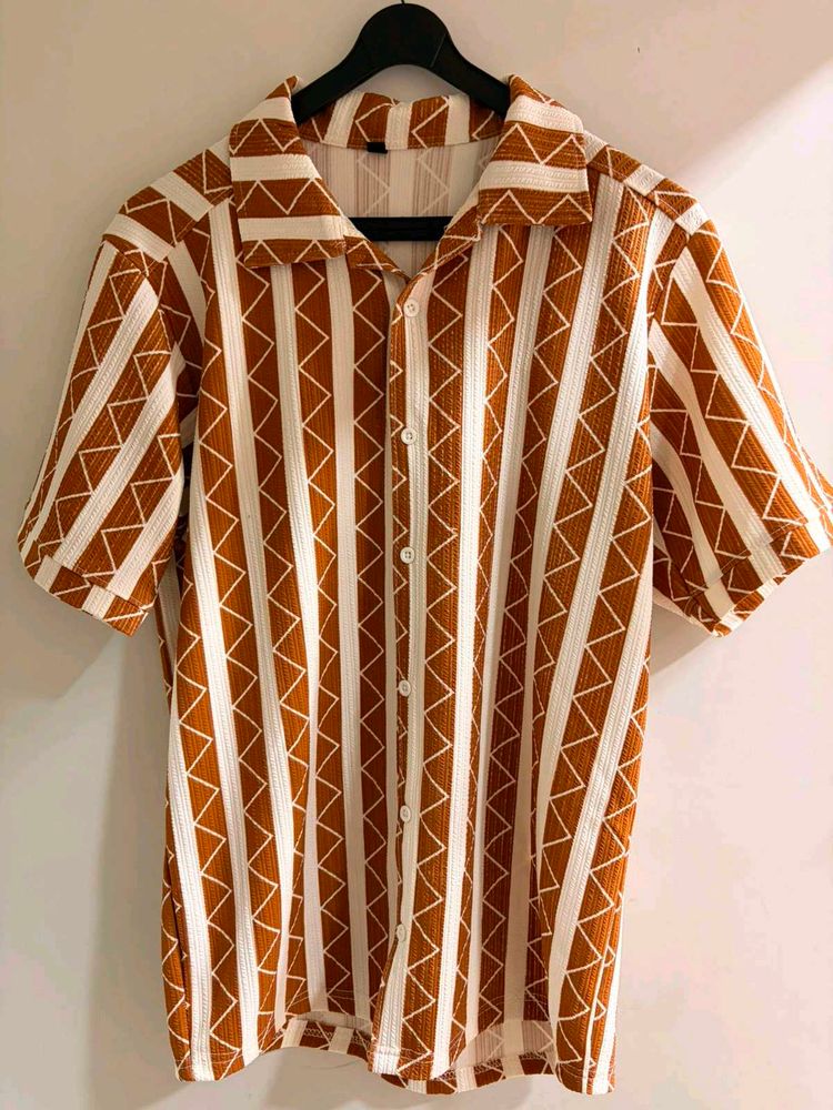 Men's Brown &amp; Beige Geometric Striped Half Sleeve