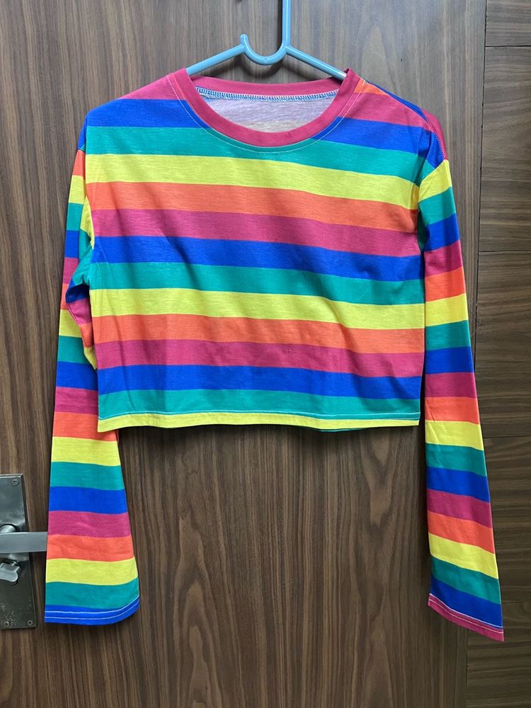 Rainbow Stripe Cropped Long Sleeve Top