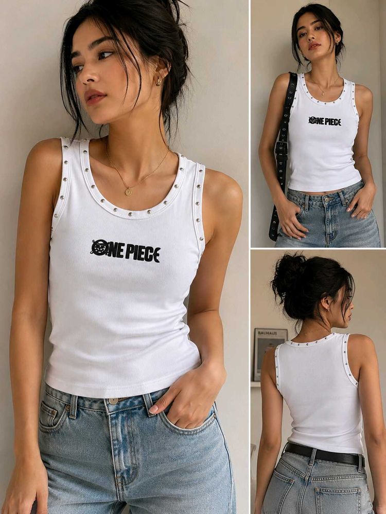 Yousta x Netflix One Piece White Ribbed Tank Top |