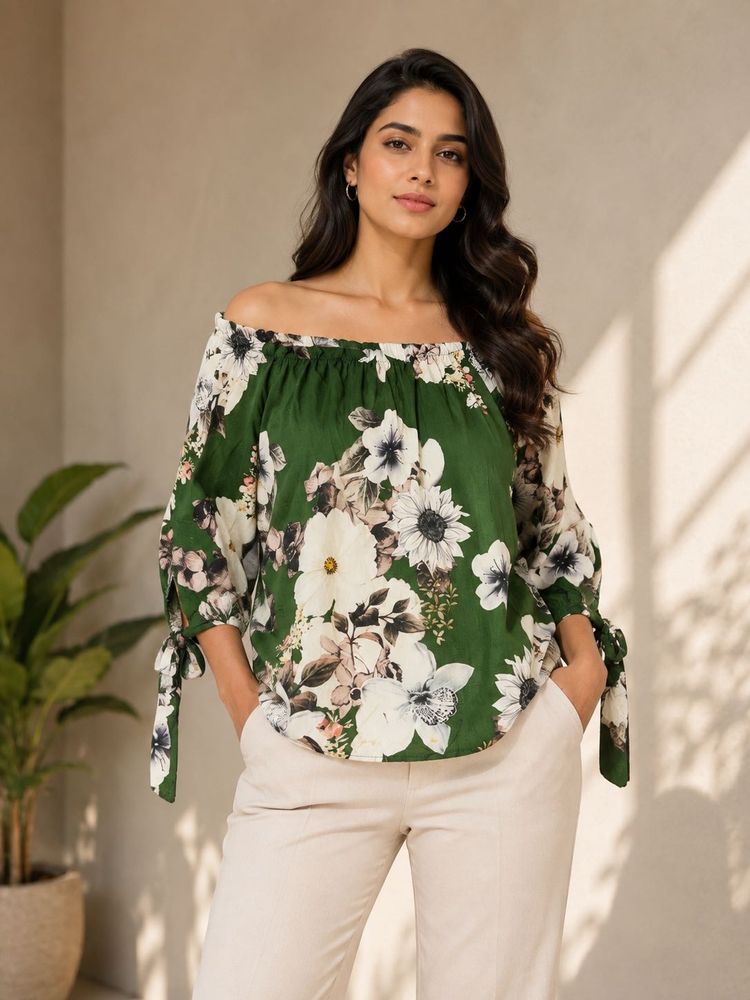 Green Floral Off-Shoulder Top