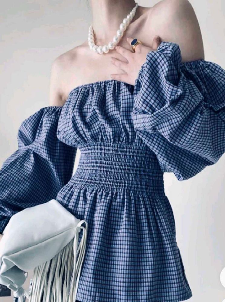 Chic Off-Shoulder checks Smocked top