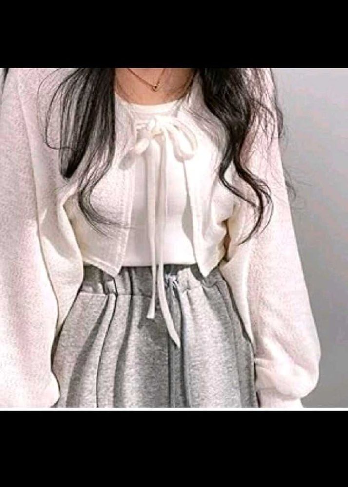 Chic White Cardigan with Tie Neck Top