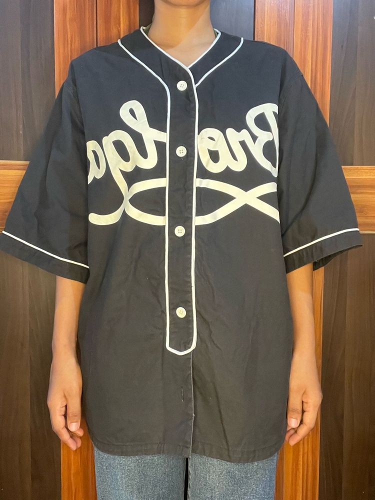 Black Baseball Style Button-Up Shirt