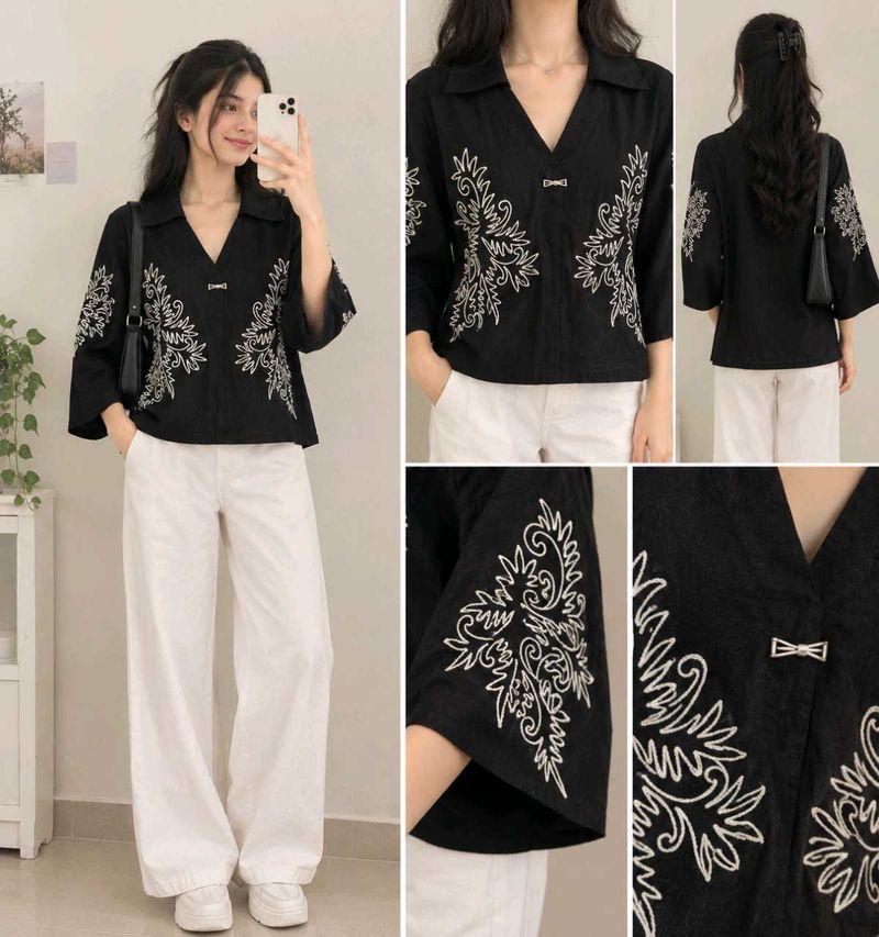 Embroidered Black V-Neck Top