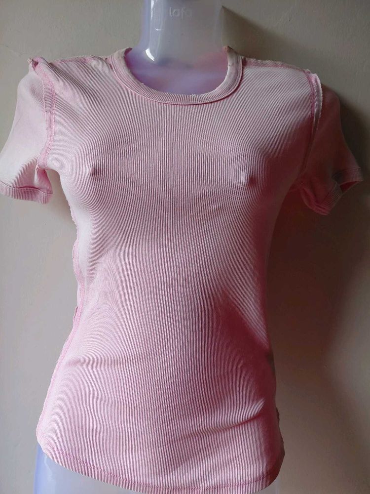 Pink Ribbed Short Sleeve T-Shirt