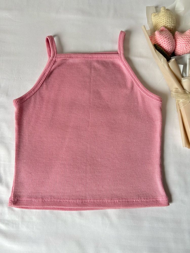 Pink Ribbed Square Neck Tank Top