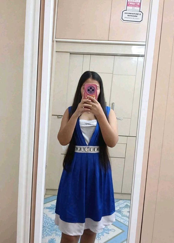 Blue A-line Dress with Silver Belt
