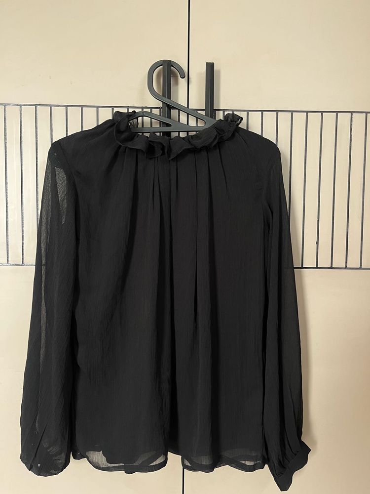 Chic Black Ruffled Neck Blouse
