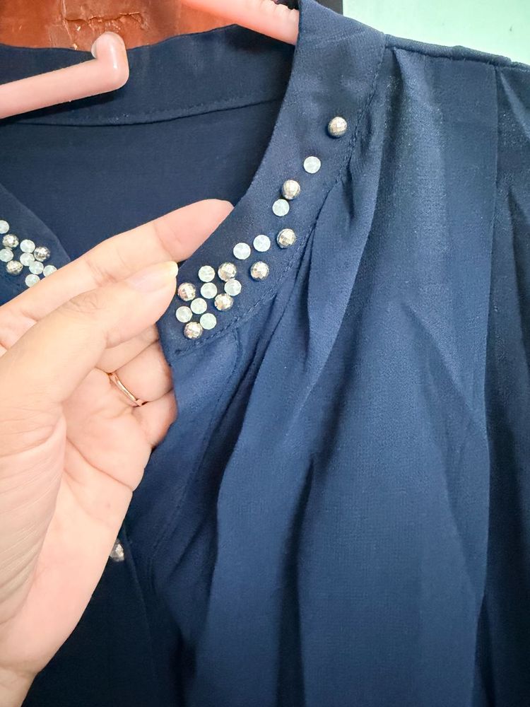 Elegant Blue Pearl Embellished Top