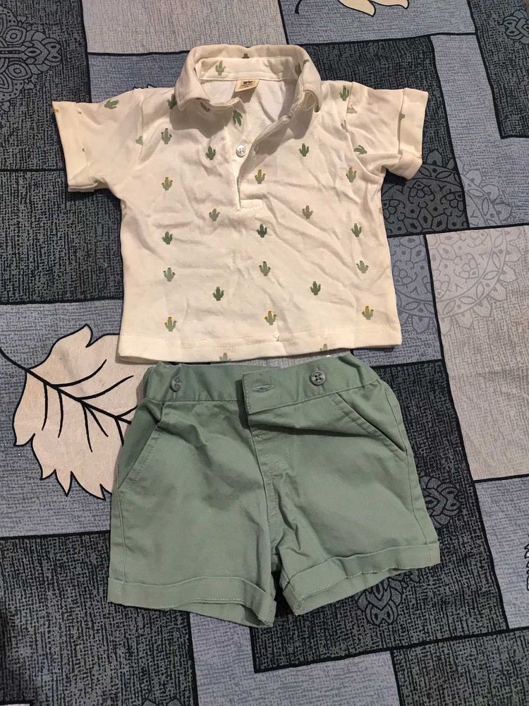 Cute Cactus Print Polo Shirt &amp; Shorts Set