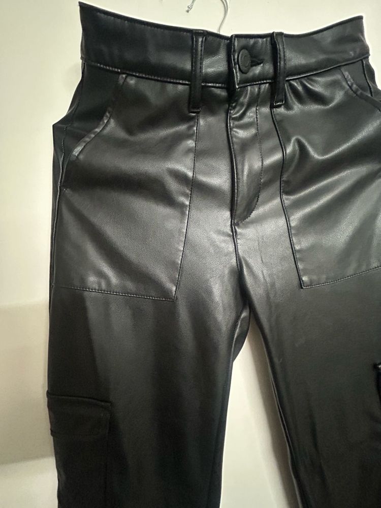 Black Faux Leather Cargo Pants