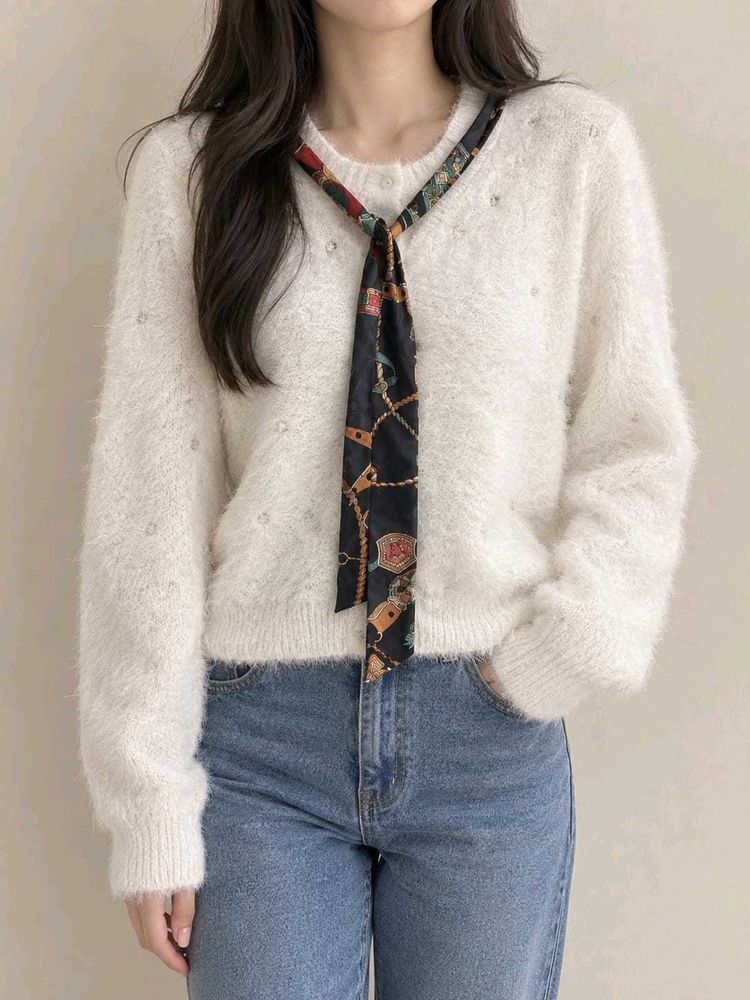 Fluffy White Sweater with Scarf Tie