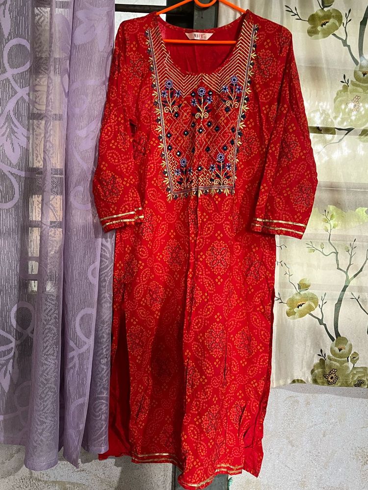 Embroidered Red Ethnic Kurta