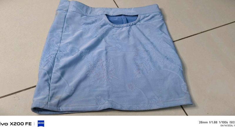 Light Blue Embroidered Mini Skirt