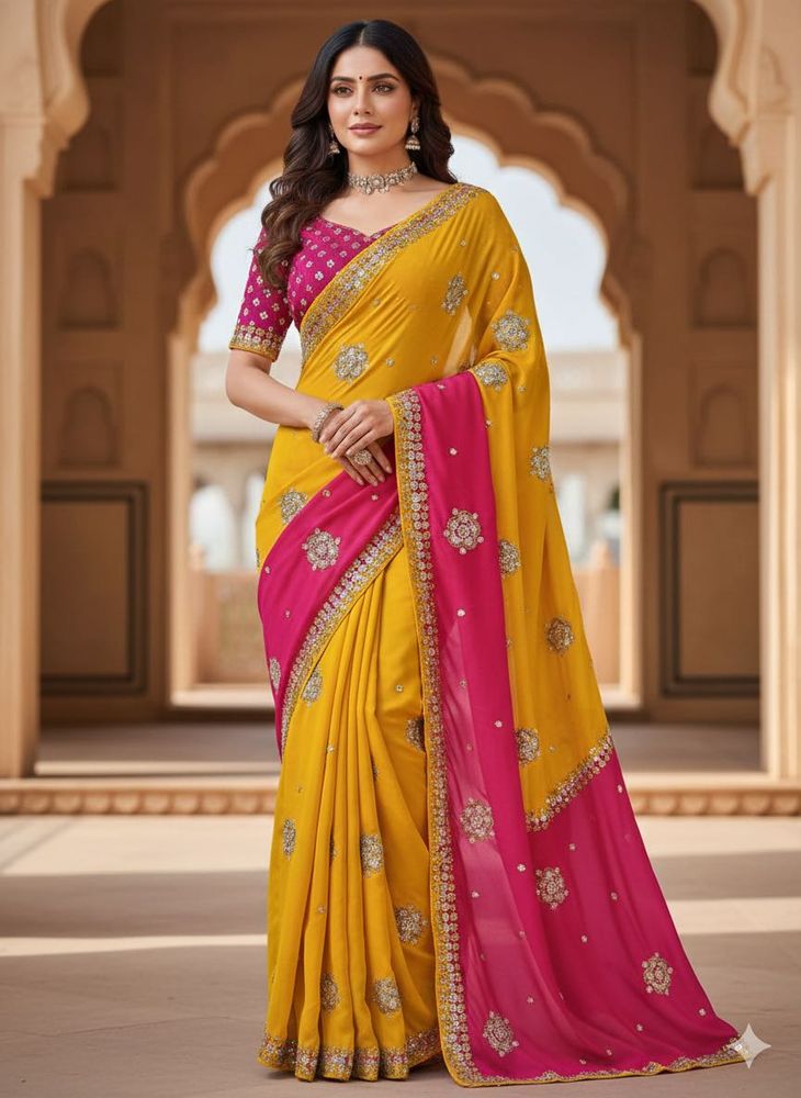 Elegant Pink &amp; Yellow Embellished Saree