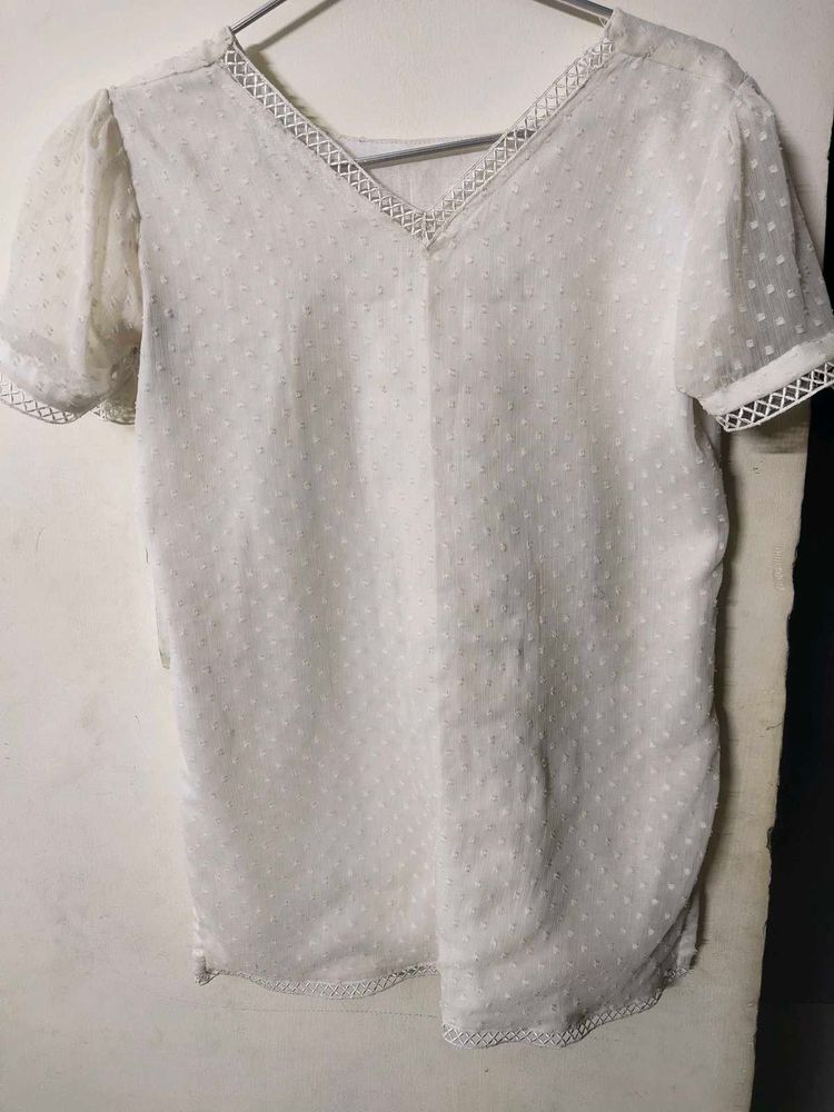 Sheer White Polka Dot V-Neck Top